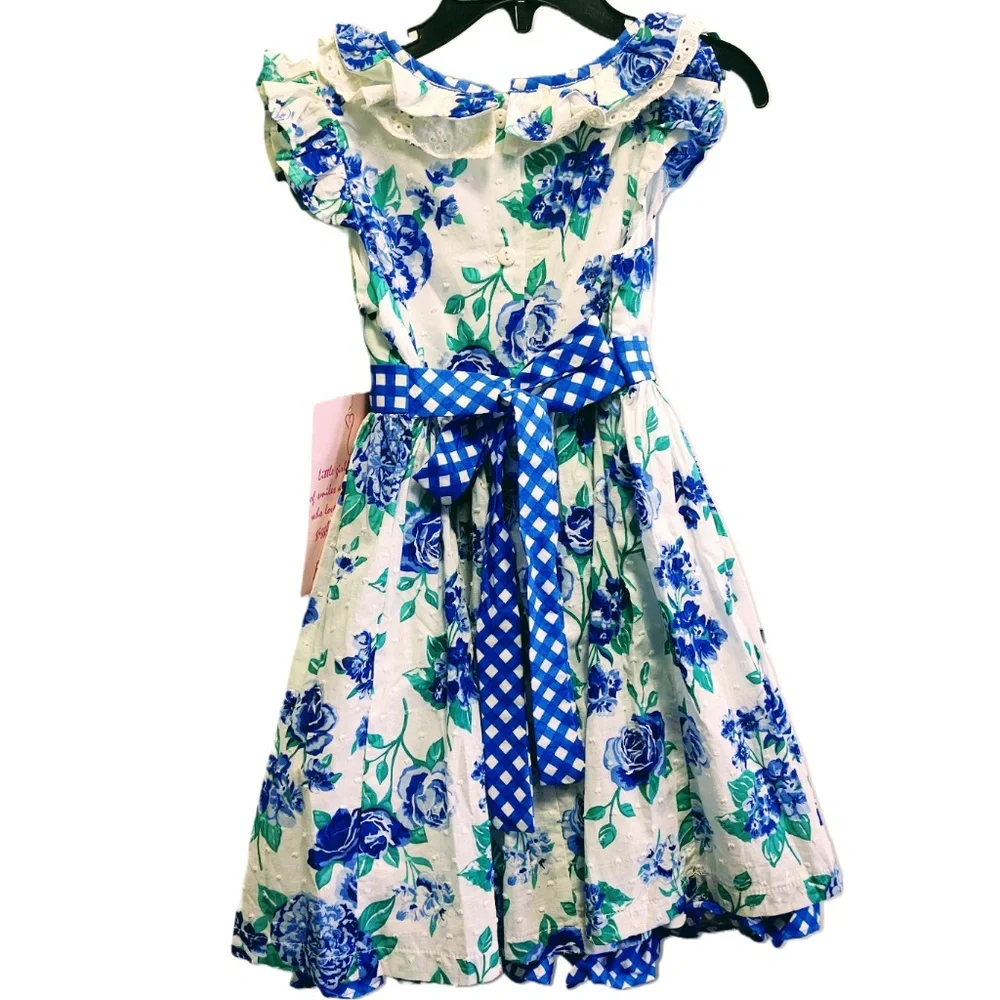 NWT NANNETTE GIRL BLUE/WHITE FLORAL POLY/COTTON PETTICOAT FLUTTER SLEEVE DRESS 5 - Picture 2 of 13